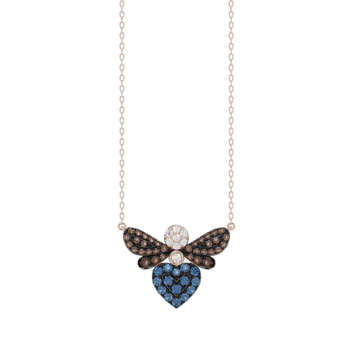 14K Rose Gold Ladies Butterfly Pendant With Colorful Diamond Accents In Blue, Dark Brown, And Round Cuts. A Stylish 0.33 Ct Jewelry Necklace With Chai