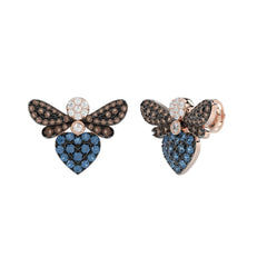 14K Rose Gold Ladies Butterfly Earring With Colorful Diamond Accents In Blue, Dark Brown, And Round Cuts. A Stylish 0.75 Ct Jewelry Earring