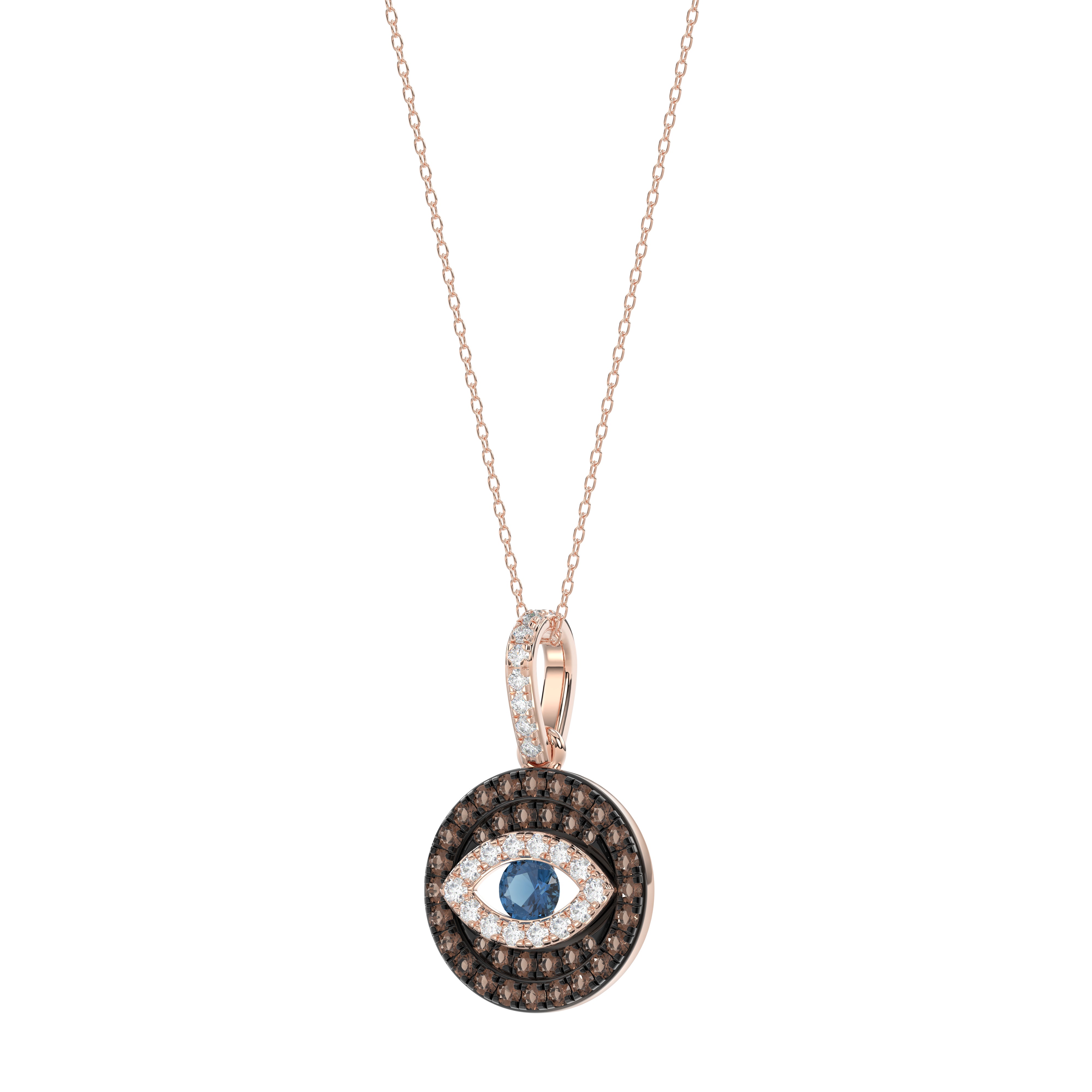 Elegant 14K Rose Gold Evil Eye Pendant For Women Featuring 0.50 Ct Round, Dark Brown, And Blue Diamonds. Includes Chain For A Complete Look.