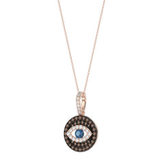 Elegant 14K Rose Gold Evil Eye Pendant For Women Featuring 0.50 Ct Round, Dark Brown, And Blue Diamonds. Includes Chain For A Complete Look.