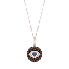 Elegant 14K Rose Gold Evil Eye Pendant For Women Featuring 0.50 Ct Round, Dark Brown, And Blue Diamonds. Includes Chain For A Complete Look.