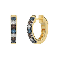 14K Yellow Gold 0.50CT Multi-Color Diamond Huggie Hoop Earrings Round Cut Blue, White Round &Dark  Brown Diamonds