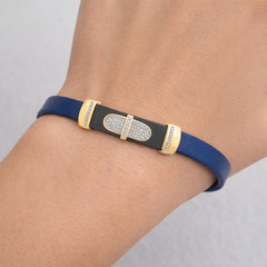 0.25 Ct Round Diamond Men’S Bracelet Yellow Gold  With Rubber Strap (Blue/Black)