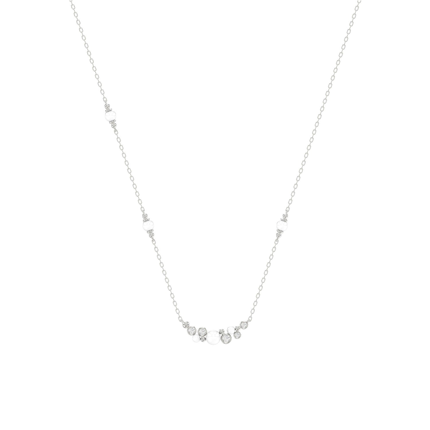 14K White Gold 0.16Ct Ladies Pearl Necklace  Round Diamond Bezel Design