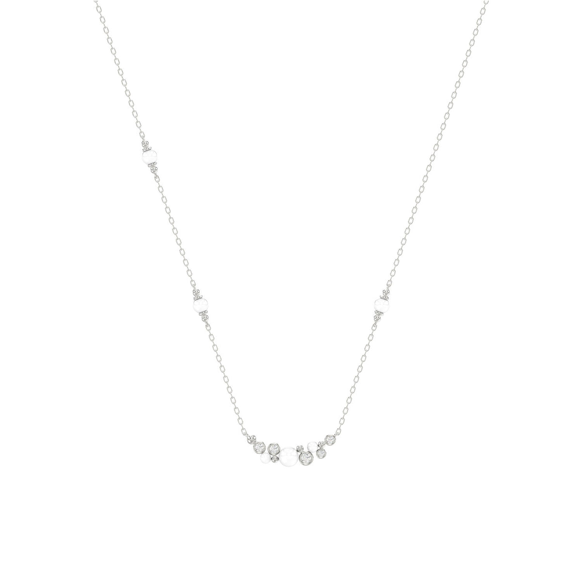 14K White Gold 0.16Ct Ladies Pearl Necklace  Round Diamond Bezel Design