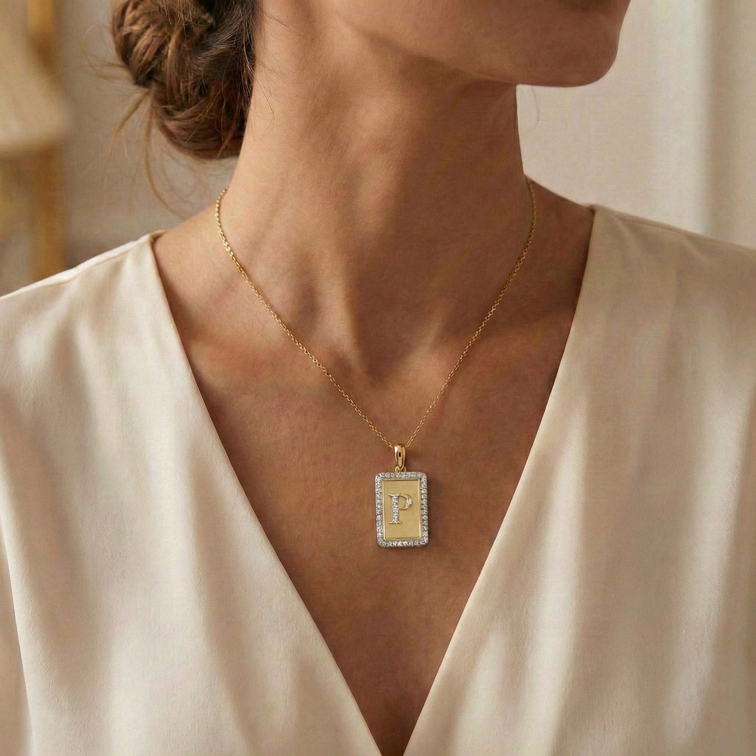 10K Yellow Gold letter 'P' Fashion Pendant With Chain - 0.20 CT Round Diamond Ladies Jewelry Gift