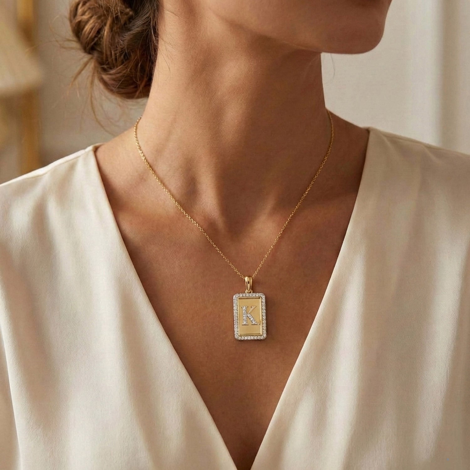 10K Yellow Gold letter 'K' Fashion Pendant With Chain - 0.20 CT Round Diamond Ladies Jewelry Gift