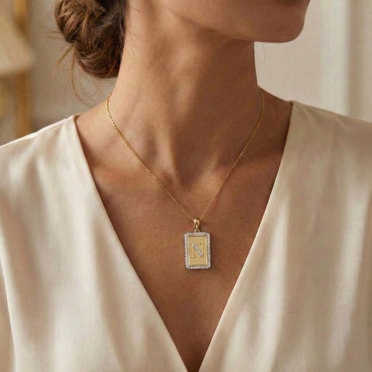 Elegant Ladies 0.20Ct Round Diamond �N Alphabet Fashion Pendant With Chain � 10K Yellow Gold
