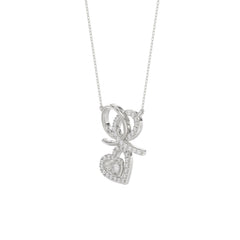 Stylish 10K White Gold 0.15Ct Ladies Necklace Featuring Intertwined Double Hearts And Diamond Accents. A Delicate And Elegant Fine Jewelry
