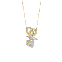 Stylish 10K Yellow Gold 0.15Ct Ladies Necklace Featuring Intertwined Double Hearts And Diamond Accents. A Delicate And Elegant Fine Jewelry