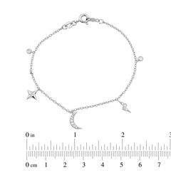 Women’S Sterling Silver White Bracelet – 0.20Ct Round Diamonds, Stars & Moon Design