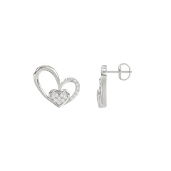 Elegant 10K White Gold Fashion Earrings Featuring A Double Heart Design With 0.15 Ct Round Diamonds. A Romantic And Stylish Ladies Jewelry