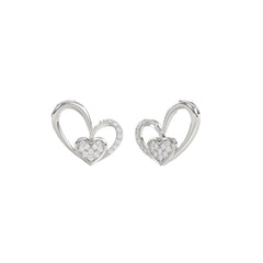 Elegant 10K White Gold Fashion Earrings Featuring A Double Heart Design With 0.15 Ct Round Diamonds. A Romantic And Stylish Ladies Jewelry