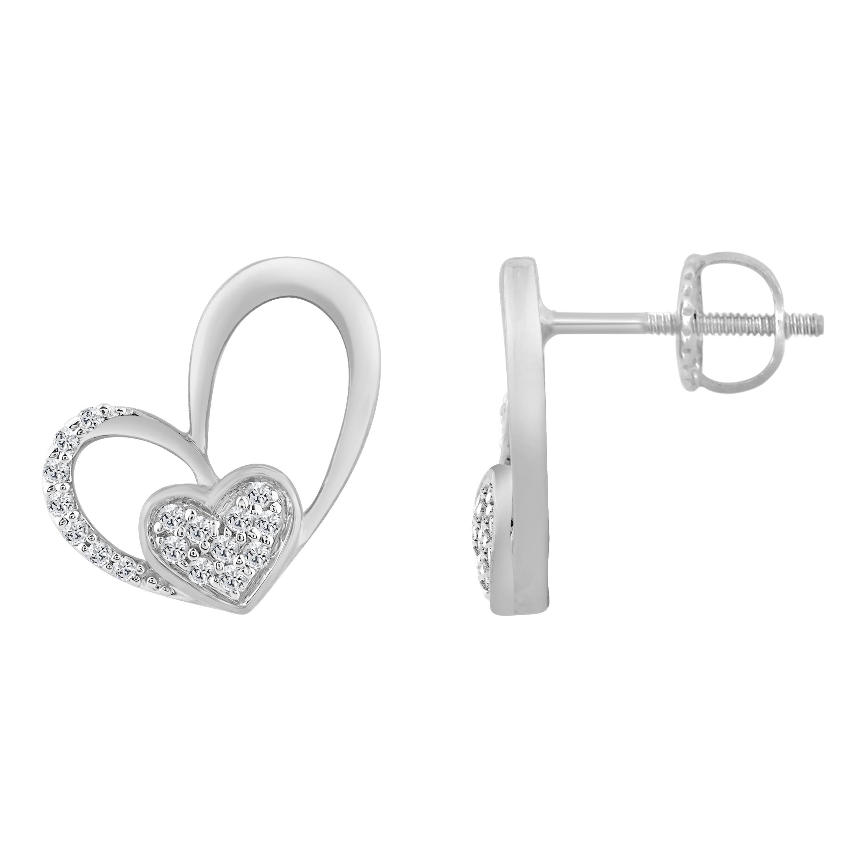 10K WHITE GOLD DOUBLE HEART DIAMOND EARRING FOR LADIES 0.15CT ROUND DIAMOND
