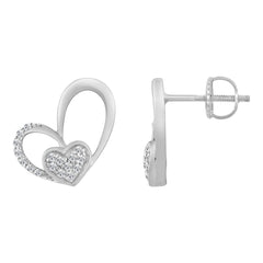 10K WHITE GOLD DOUBLE HEART DIAMOND EARRING FOR LADIES 0.15CT ROUND DIAMOND