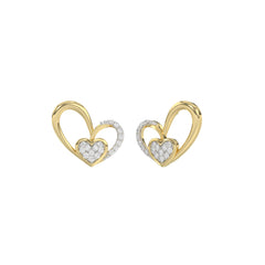 Elegant 10K Yellow Gold Fashion Earrings Featuring A Double Heart Design With 0.15 Ct Round Diamonds. A Romantic And Stylish Ladies Jewelry