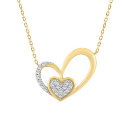 10K YELLOW GOLD DOUBLE HEART DIAMOND PENDANT WITH CHAIN  0.15CT ROUND DIAMOND LADIES JEWELRY