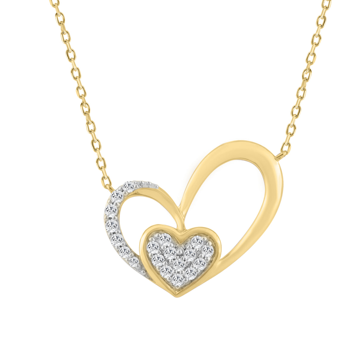 10K YELLOW GOLD DOUBLE HEART DIAMOND PENDANT WITH CHAIN  0.15CT ROUND DIAMOND LADIES JEWELRY