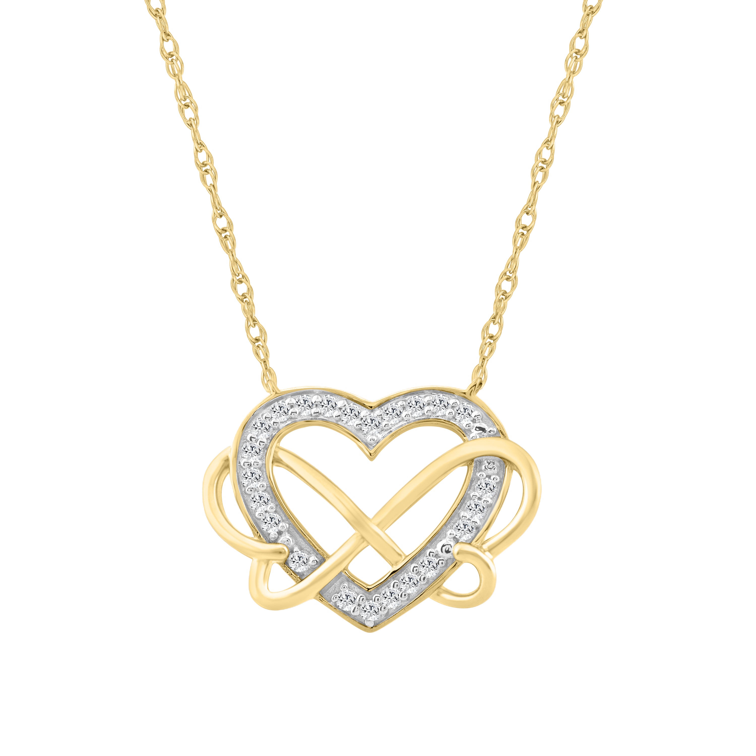 10K YELLOW GOLD LADIES INFINITY HEART PENDANT 0.15CT ROUND DIAMOND, INCLUDES CHAIN