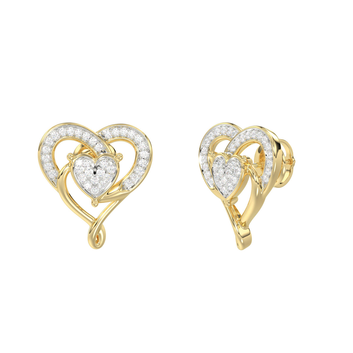 10K YELLOW GOLD DOUBLE HEART DIAMOND EARRINGS 0.15CT ROUND DIAMOND LADIES JEWELRY