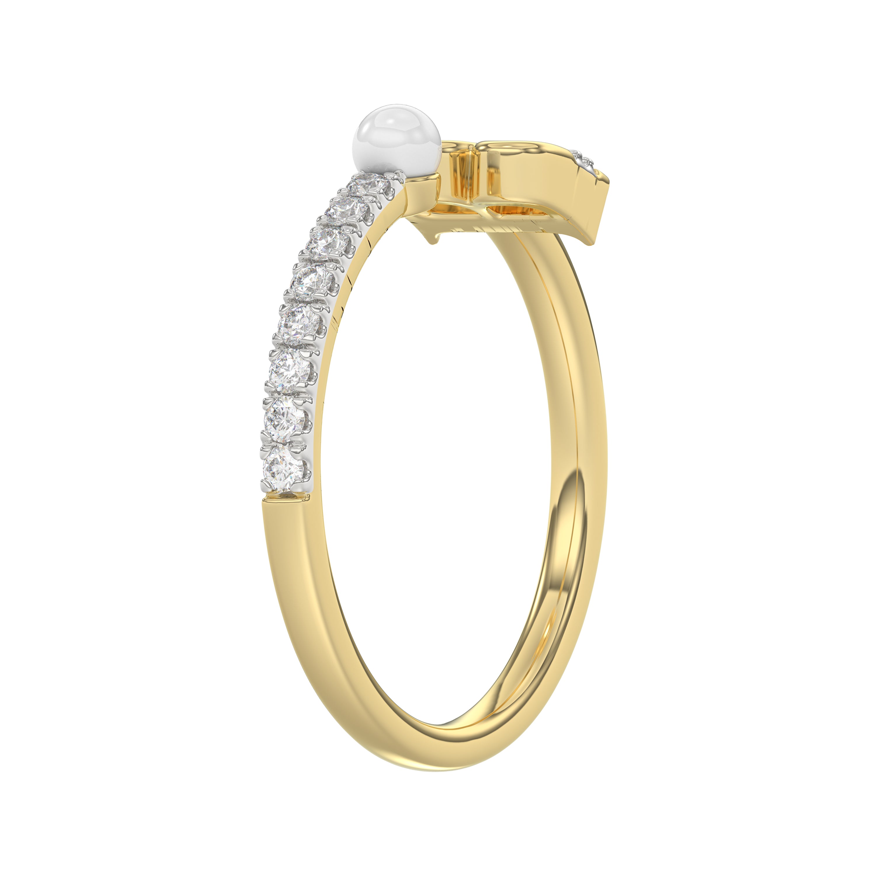 Stylish 10K Yellow Gold Ladies Ring Featuring Letter “B”, Luminous Pearl, And Round Diamond Accents. A Delicate 0.10Ct Fine Jewelry Piece.