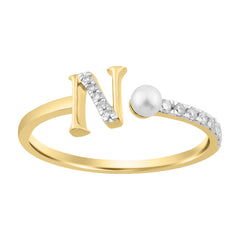 Women’S 10K Yellow Gold Letter “N” Diamond & Pearl Ring 0.10Ct Round Diamond Fine Jewelry