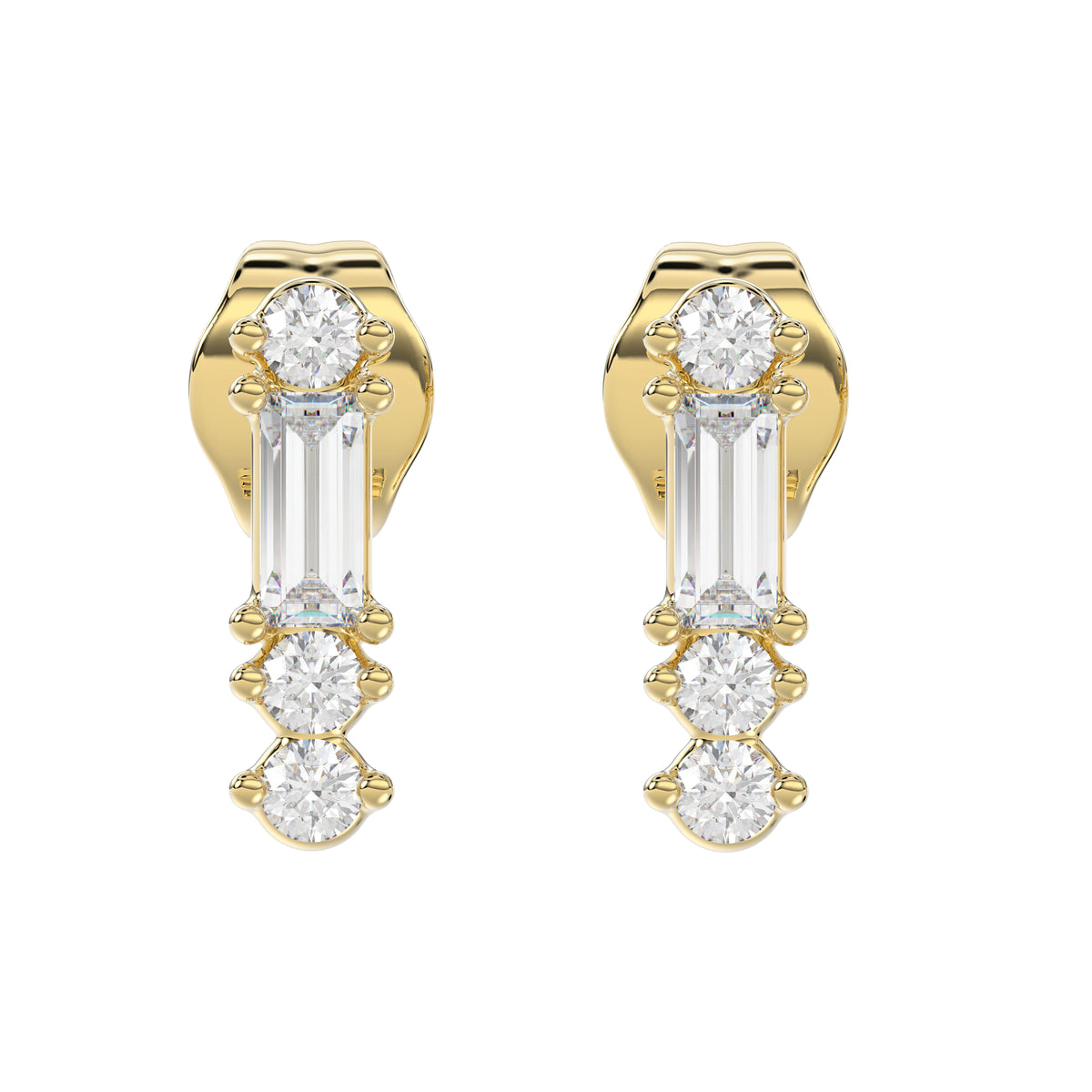 10K Yellow Gold 0.10Ct Diamond Earring Featuring Round And Baguette Accents. A Simple Yet Sophisticated Ladies Fine Jewelry