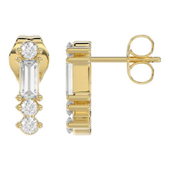 10K Yellow Gold 0.10Ct Diamond Earring Featuring Round And Baguette Accents. A Simple Yet Sophisticated Ladies Fine Jewelry
