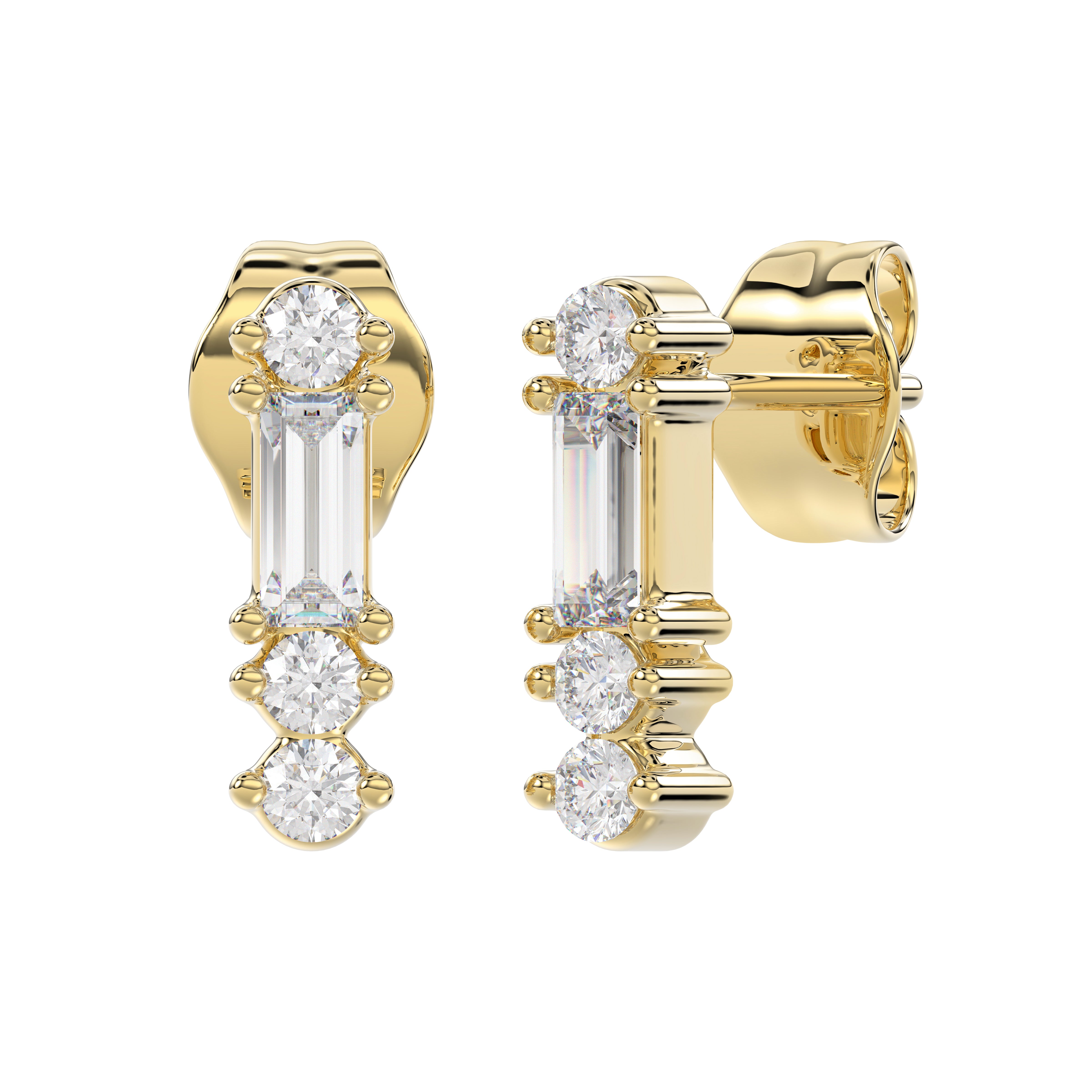 10K Yellow Gold 0.10Ct Diamond Earring Featuring Round And Baguette Accents. A Simple Yet Sophisticated Ladies Fine Jewelry