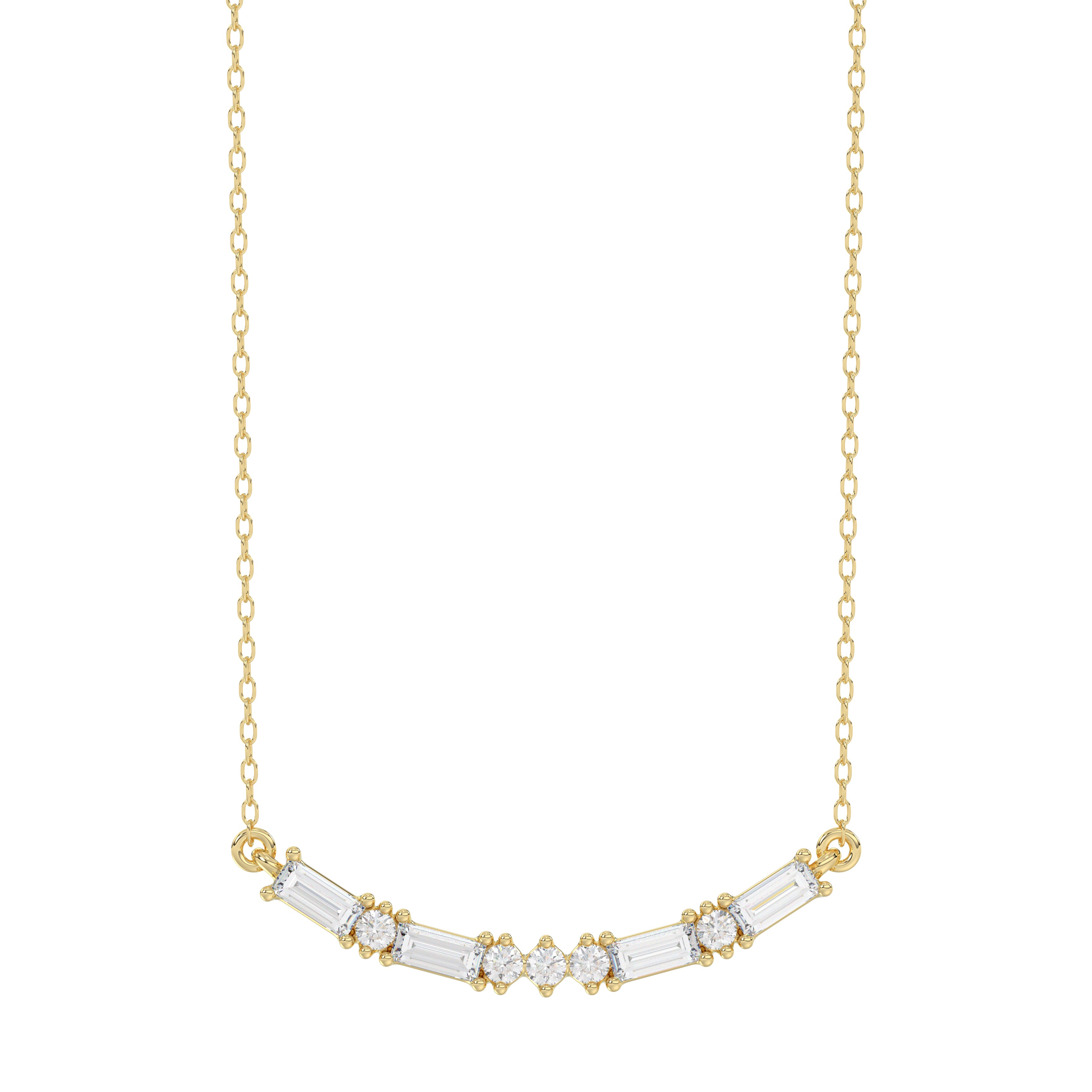 Luxury 10K Yellow Gold Ladies Necklace With Sparkling Round And Baguette Diamonds. A Refined 0.15 Ct Jewelry Design For Her.