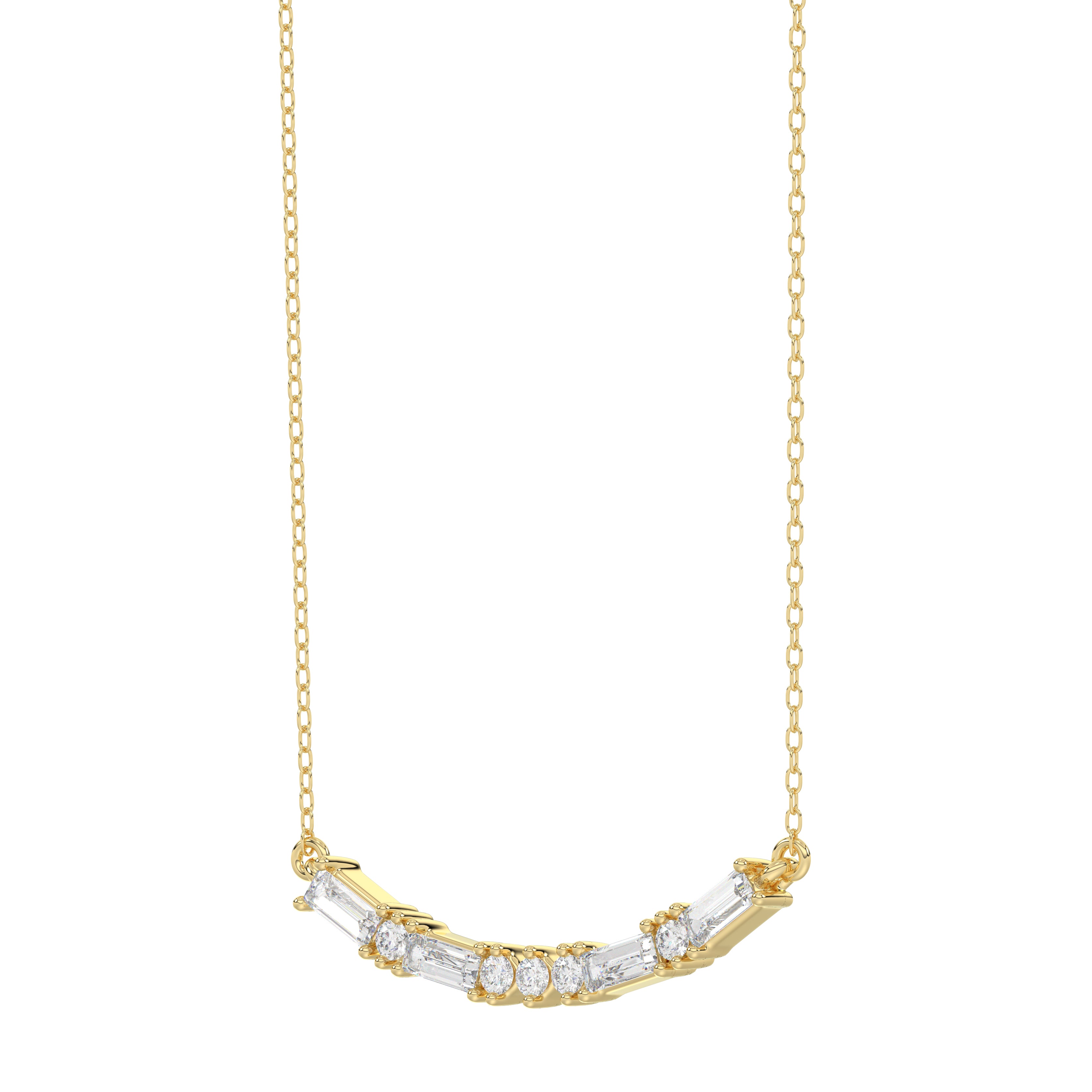 Luxury 10K Yellow Gold Ladies Necklace With Sparkling Round And Baguette Diamonds. A Refined 0.15 Ct Jewelry Design For Her.
