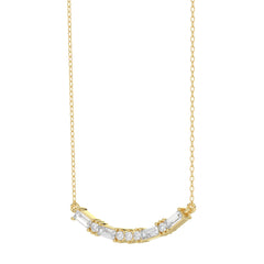 Luxury 10K Yellow Gold Ladies Necklace With Sparkling Round And Baguette Diamonds. A Refined 0.15 Ct Jewelry Design For Her.