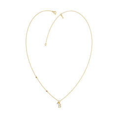 Stylish 10K Yellow Gold Ladies “B” Letter Necklace Featuring Round Ruby Diamonds And Pearl Accents. A Delicate And Personalized Fine Jewelry