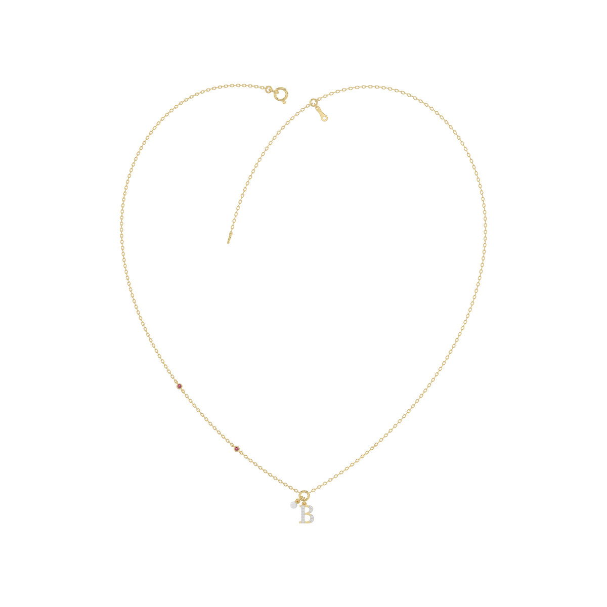 Stylish 10K Yellow Gold Ladies “B” Letter Necklace Featuring Round Ruby Diamonds And Pearl Accents. A Delicate And Personalized Fine Jewelry