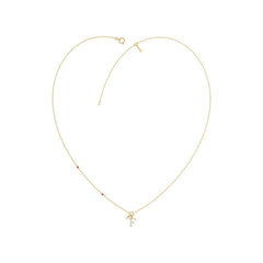 Stylish 10K Yellow Gold Ladies “F” Letter Necklace Featuring Round Ruby Diamonds And Pearl Accents. A Delicate And Personalized Fine Jewelry