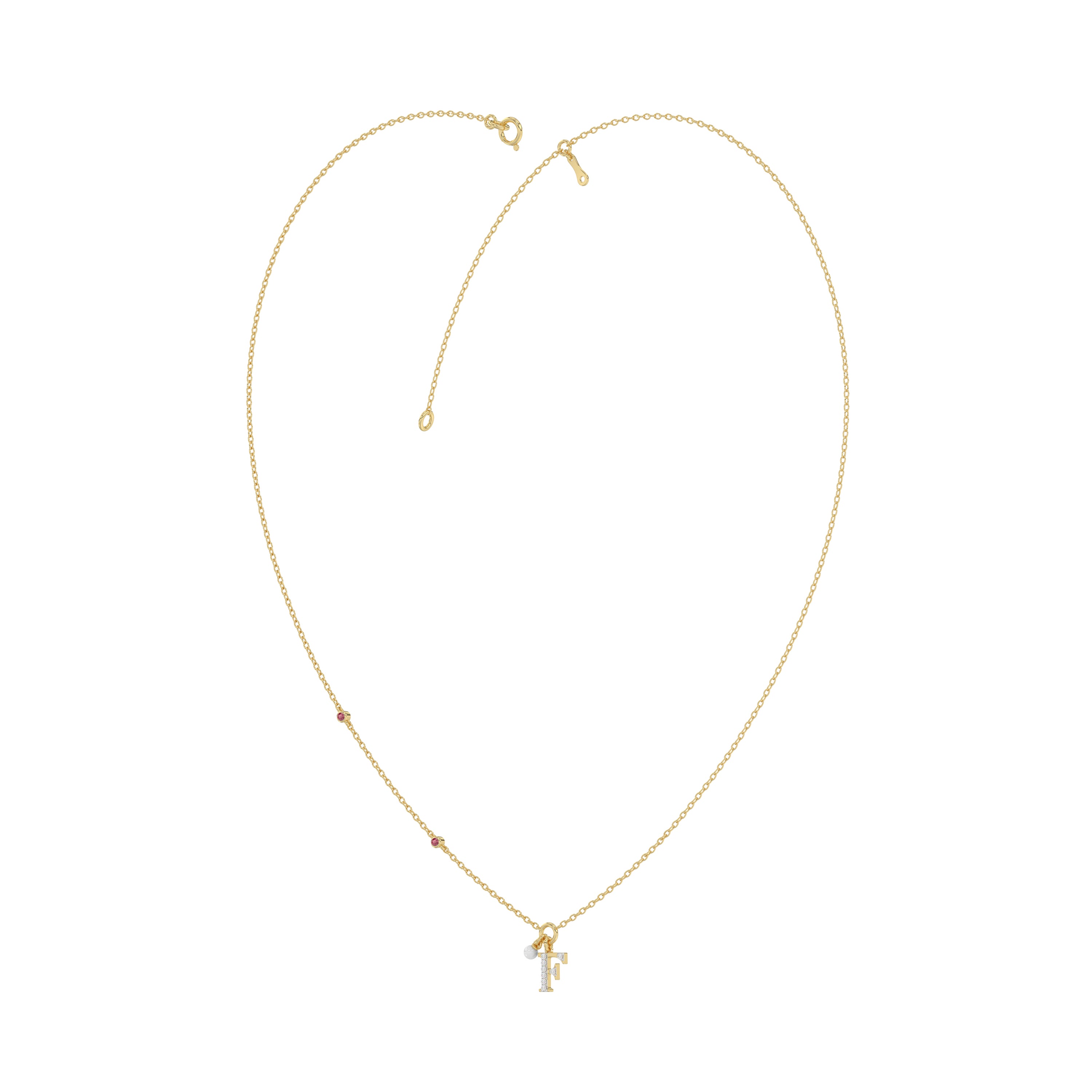 Stylish 10K Yellow Gold Ladies “F” Letter Necklace Featuring Round Ruby Diamonds And Pearl Accents. A Delicate And Personalized Fine Jewelry