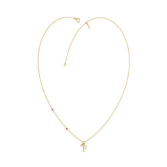 Stylish 10K Yellow Gold Ladies “F” Letter Necklace Featuring Round Ruby Diamonds And Pearl Accents. A Delicate And Personalized Fine Jewelry