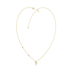 Stylish 10K Yellow Gold Ladies “F” Letter Necklace Featuring Round Ruby Diamonds And Pearl Accents. A Delicate And Personalized Fine Jewelry