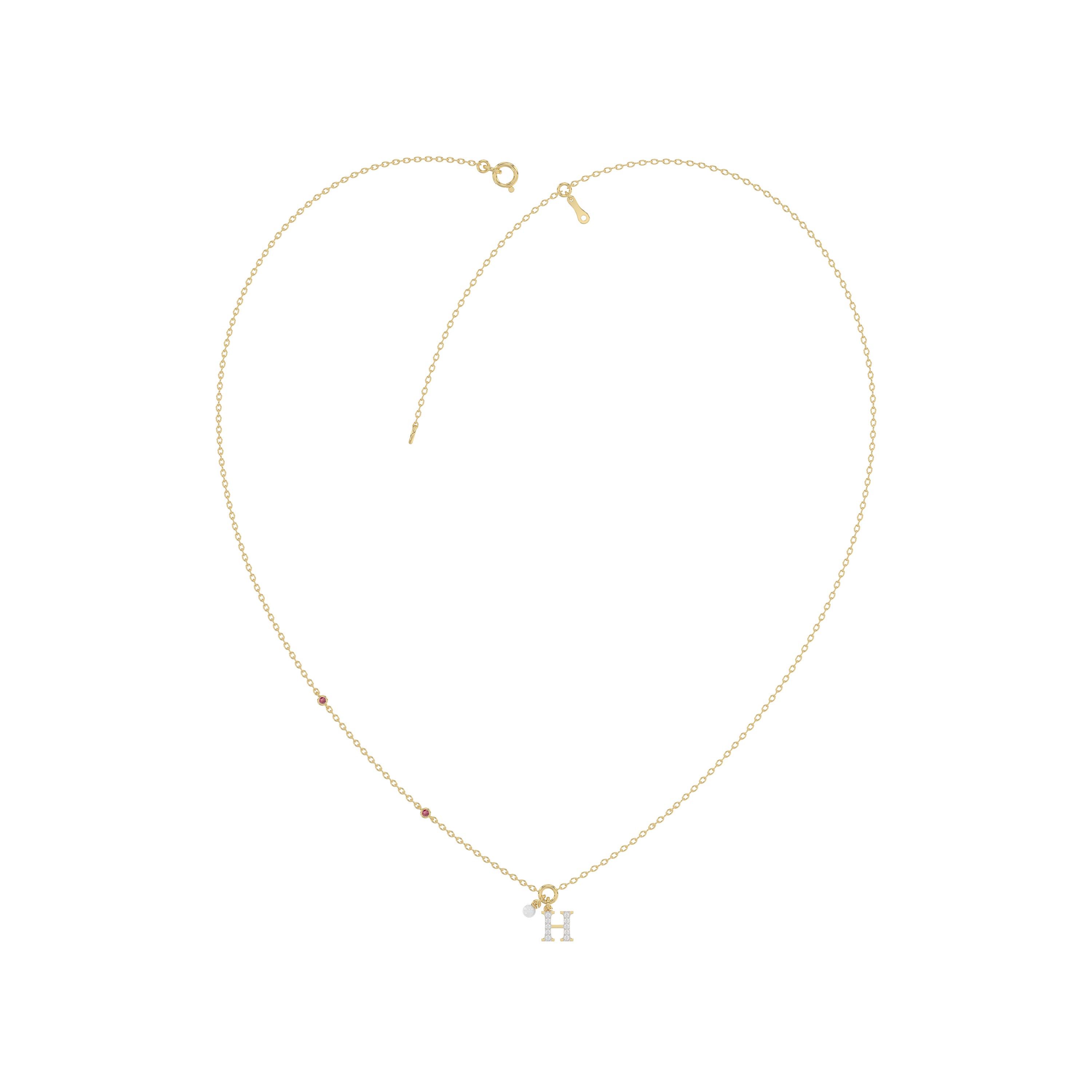 Stylish 10K Yellow Gold Ladies “H” Letter Necklace Featuring Round Ruby Diamonds And Pearl Accents. A Delicate And Personalized Fine Jewelry
