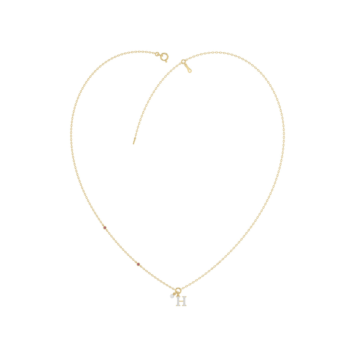 Stylish 10K Yellow Gold Ladies “H” Letter Necklace Featuring Round Ruby Diamonds And Pearl Accents. A Delicate And Personalized Fine Jewelry