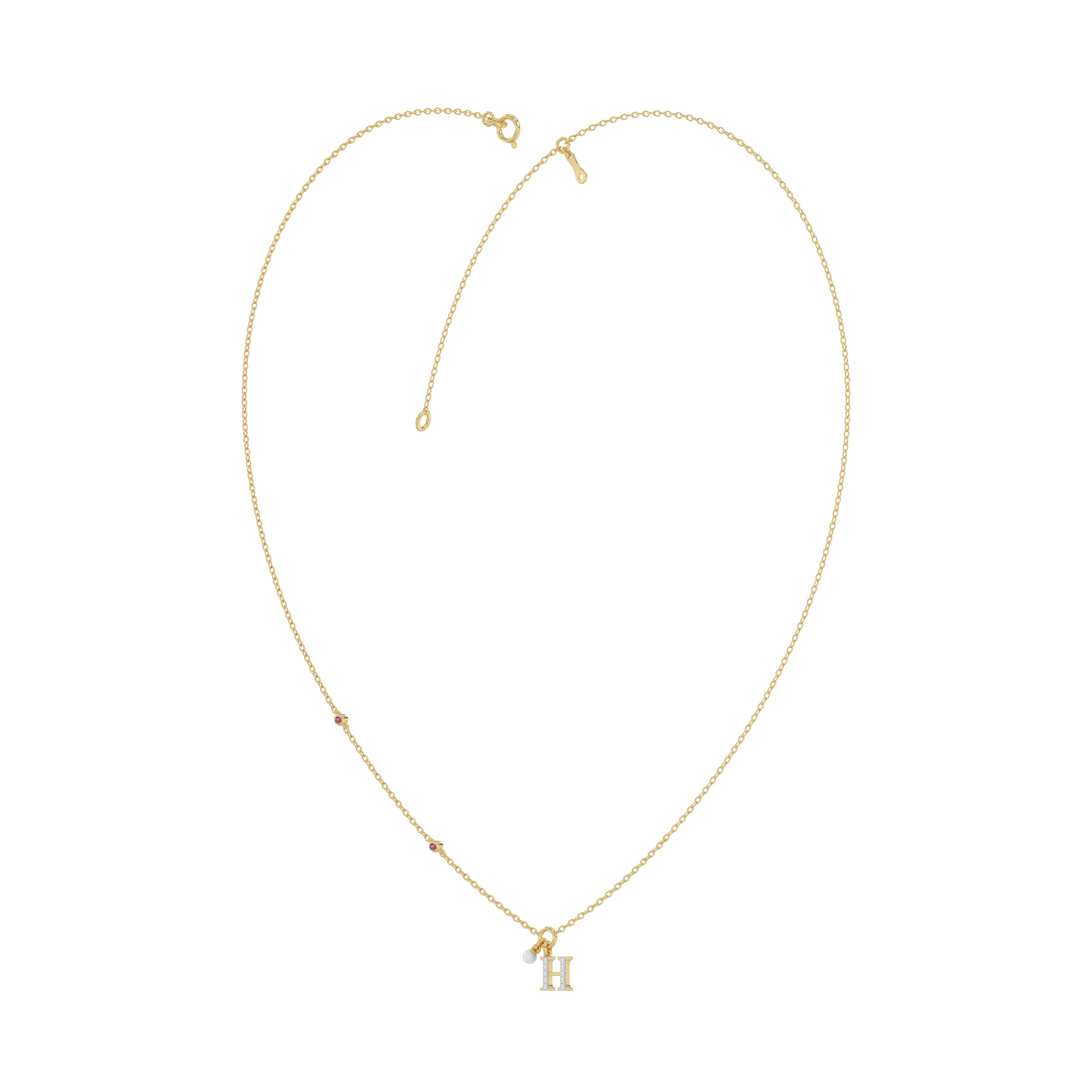 Stylish 10K Yellow Gold Ladies “H” Letter Necklace Featuring Round Ruby Diamonds And Pearl Accents. A Delicate And Personalized Fine Jewelry