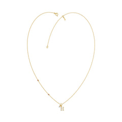 Stylish 10K Yellow Gold Ladies “H” Letter Necklace Featuring Round Ruby Diamonds And Pearl Accents. A Delicate And Personalized Fine Jewelry