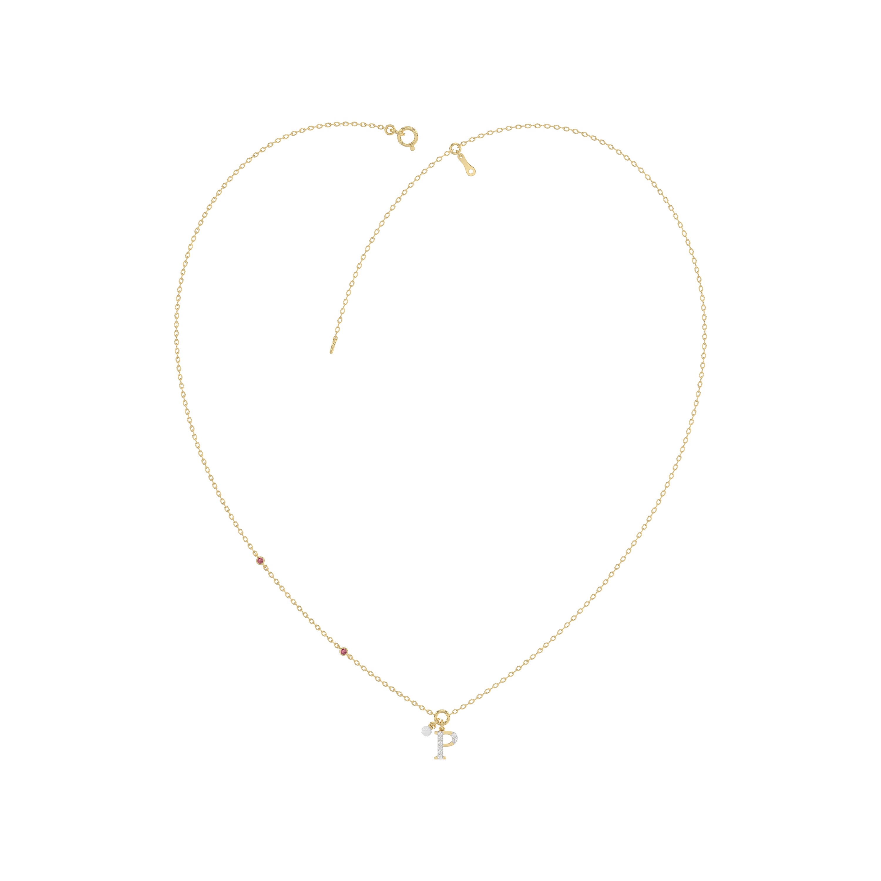 Stylish 10K Yellow Gold Ladies “P” Letter Necklace Featuring Round Ruby Diamonds And Pearl Accents. A Delicate And Personalized Fine Jewelry