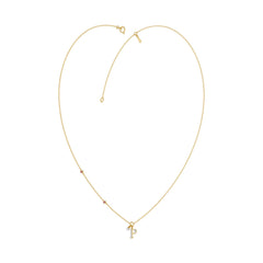 Stylish 10K Yellow Gold Ladies “P” Letter Necklace Featuring Round Ruby Diamonds And Pearl Accents. A Delicate And Personalized Fine Jewelry