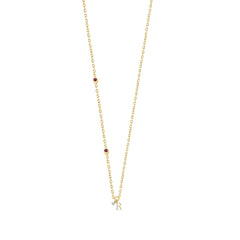 Stylish 10K Yellow Gold Ladies “R” Letter Necklace Featuring Round Ruby Diamonds And Pearl Accents. A Delicate And Personalized Fine Jewelry