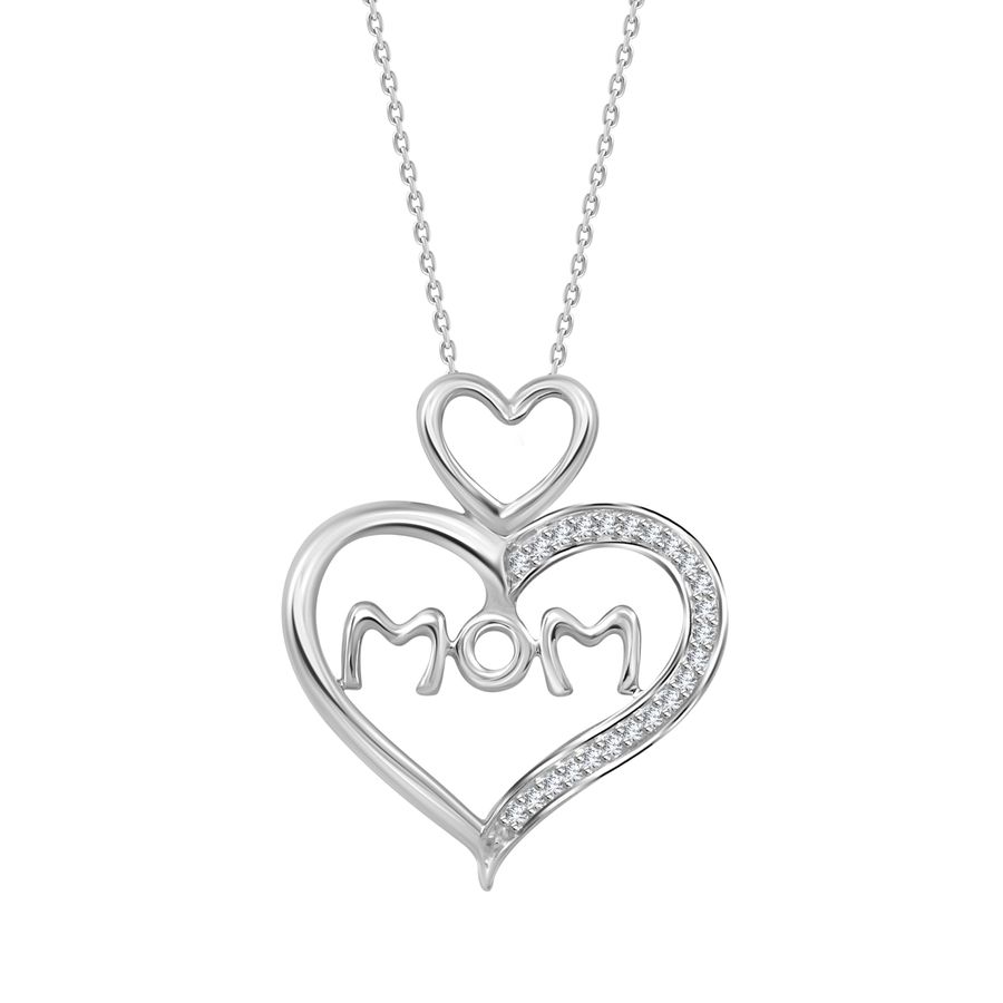 Elegant Mom Heart Diamond Pendant With Chain In Sterling Silver 0.07CT Round Diamond