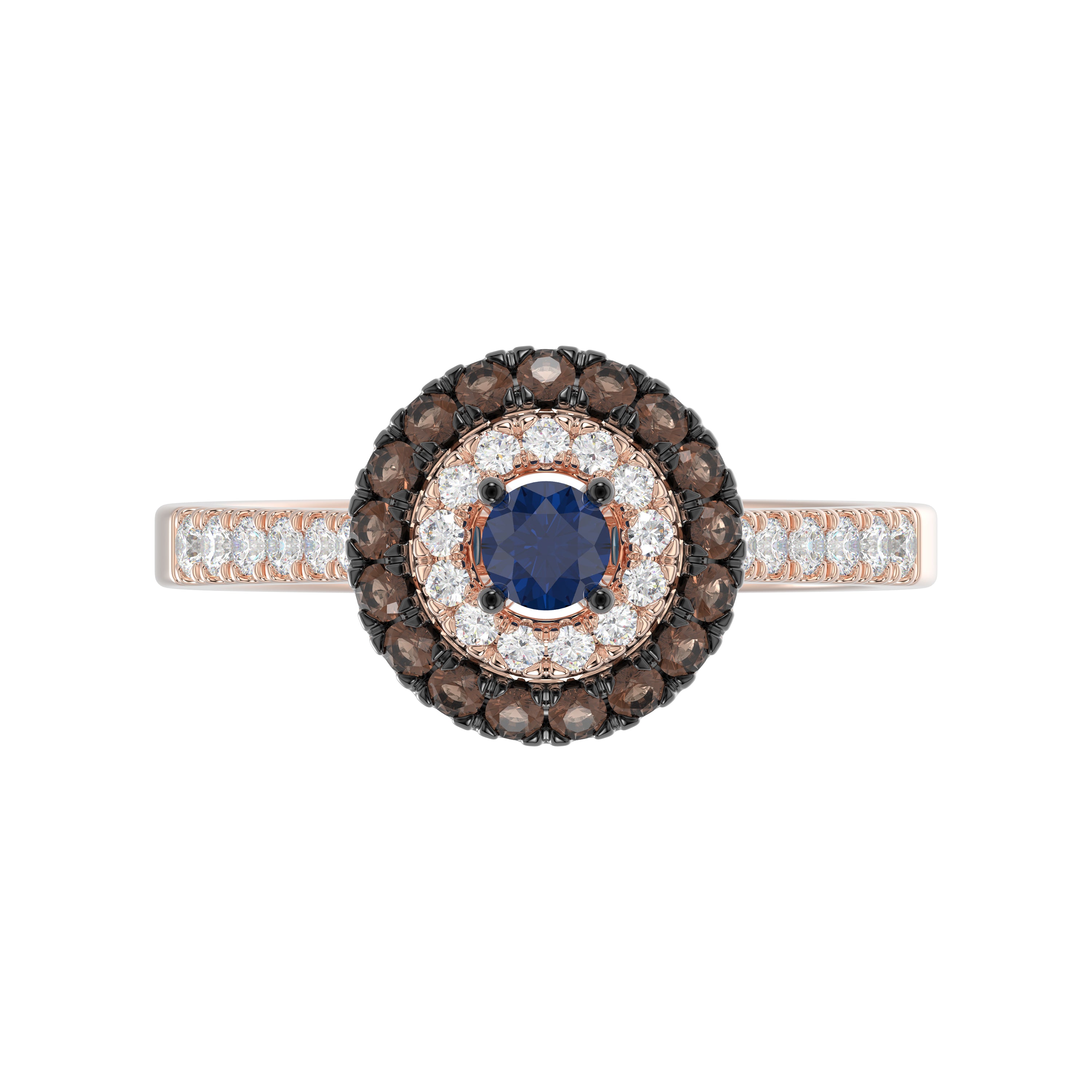 Elegant 14K Rose Gold Fashion Ring Featuring 0.55 Ct Round Diamonds In Blue And Dark Brown Tones. A Bold And Modern Fine Jewelry Piece For Women.