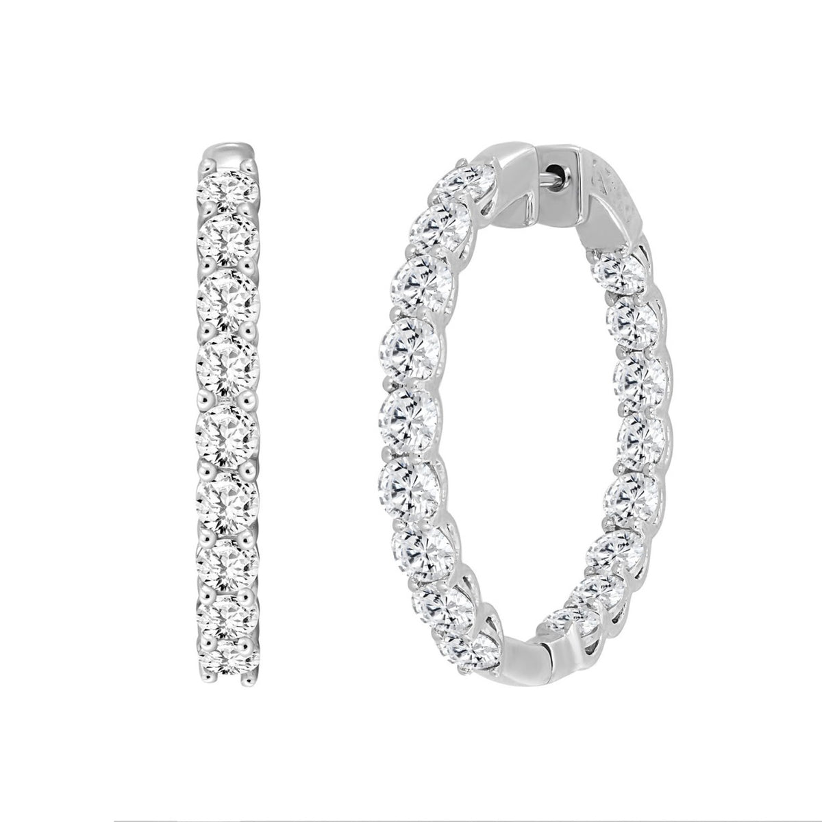 LADIES HOOP EARRINGS 7CT ROUND DIAMOND 14K WHITE GOLD