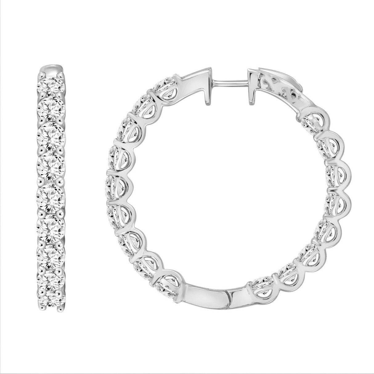 LADIES HOOP EARRINGS 7CT ROUND DIAMOND 14K WHITE GOLD