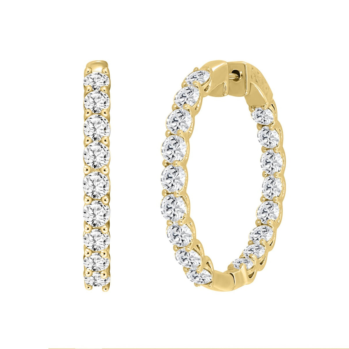 LADIES HOOP EARRINGS 7CT ROUND DIAMOND 14K YELLOW GOLD